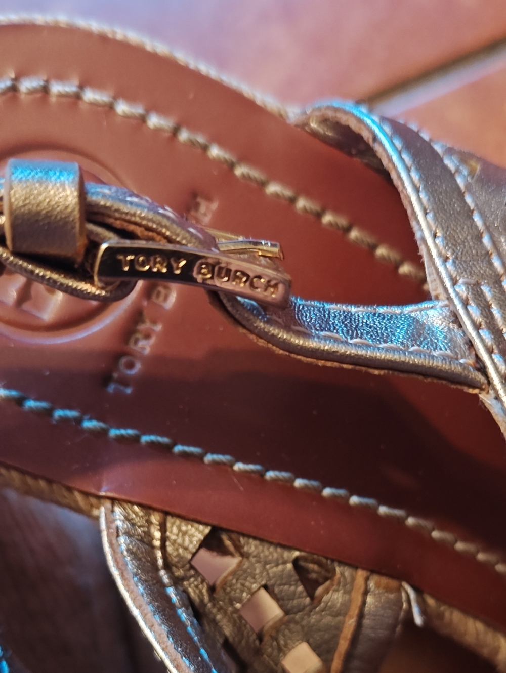 Tory Burch Metallic Bronze Laser-Cut Wedge Sandals - Picture 4 of 8